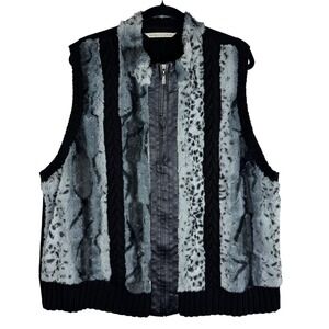 Peter‎ Nygard Vest Womens Large Black Gray Faux Fur Knit Zip Front Sequins Lined